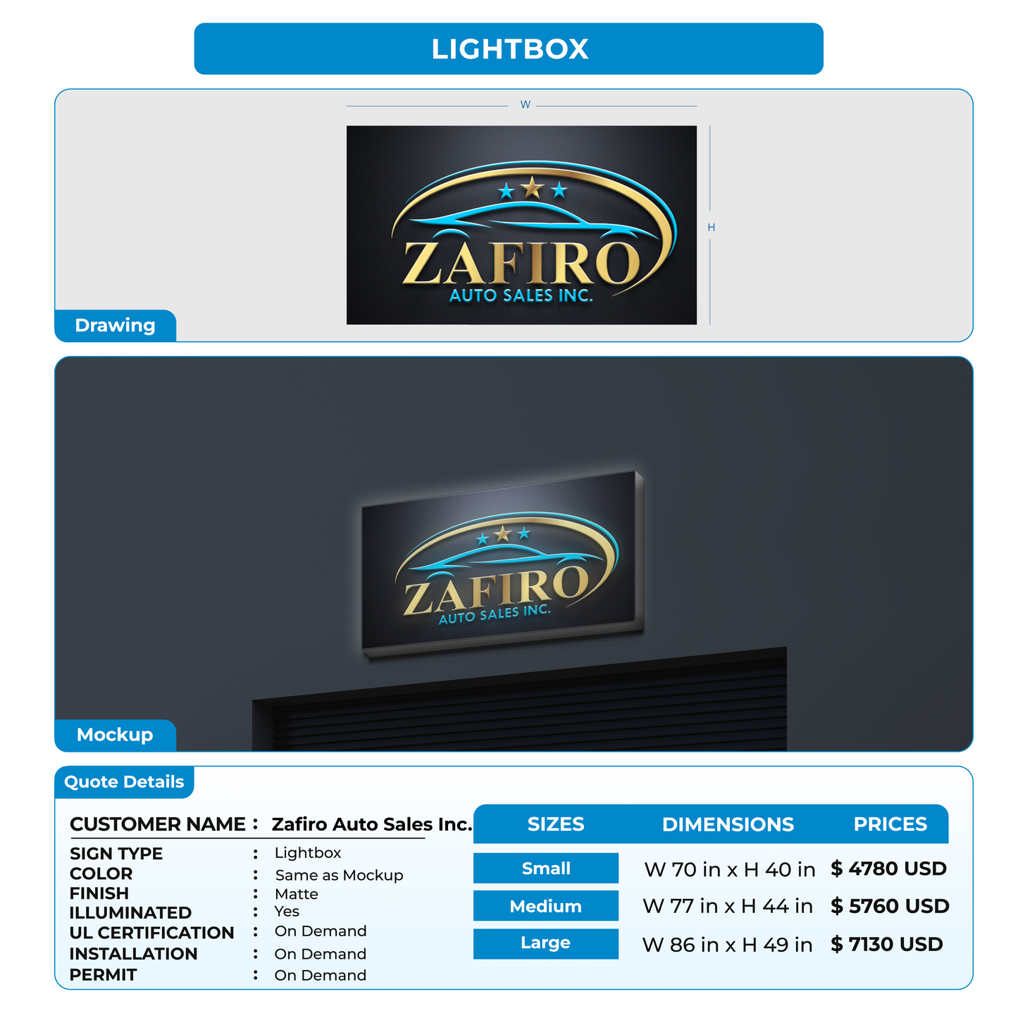 custom signs for Zafiro Auto Sales Inc.