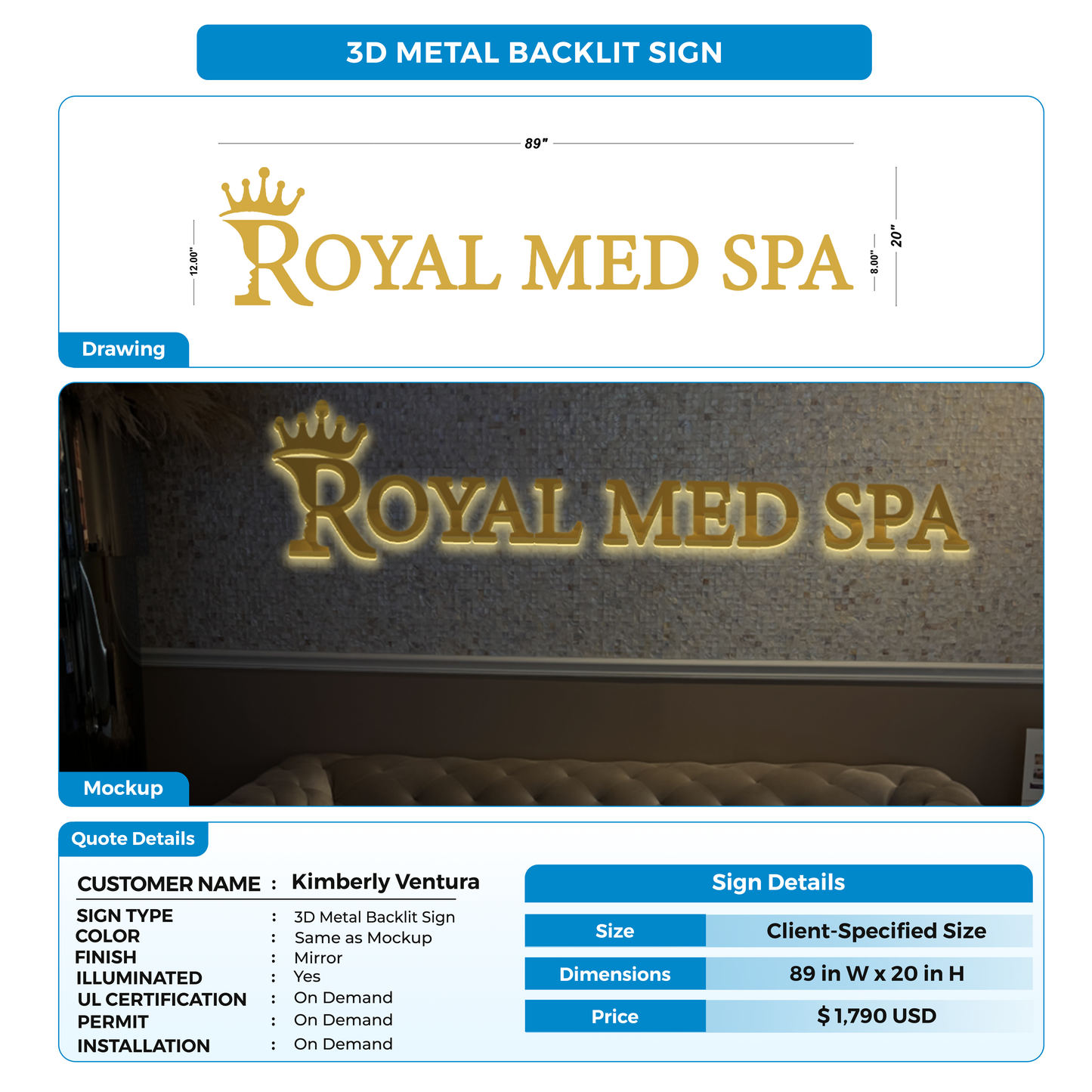 3D metal backlit sign for Kimberly Ventura