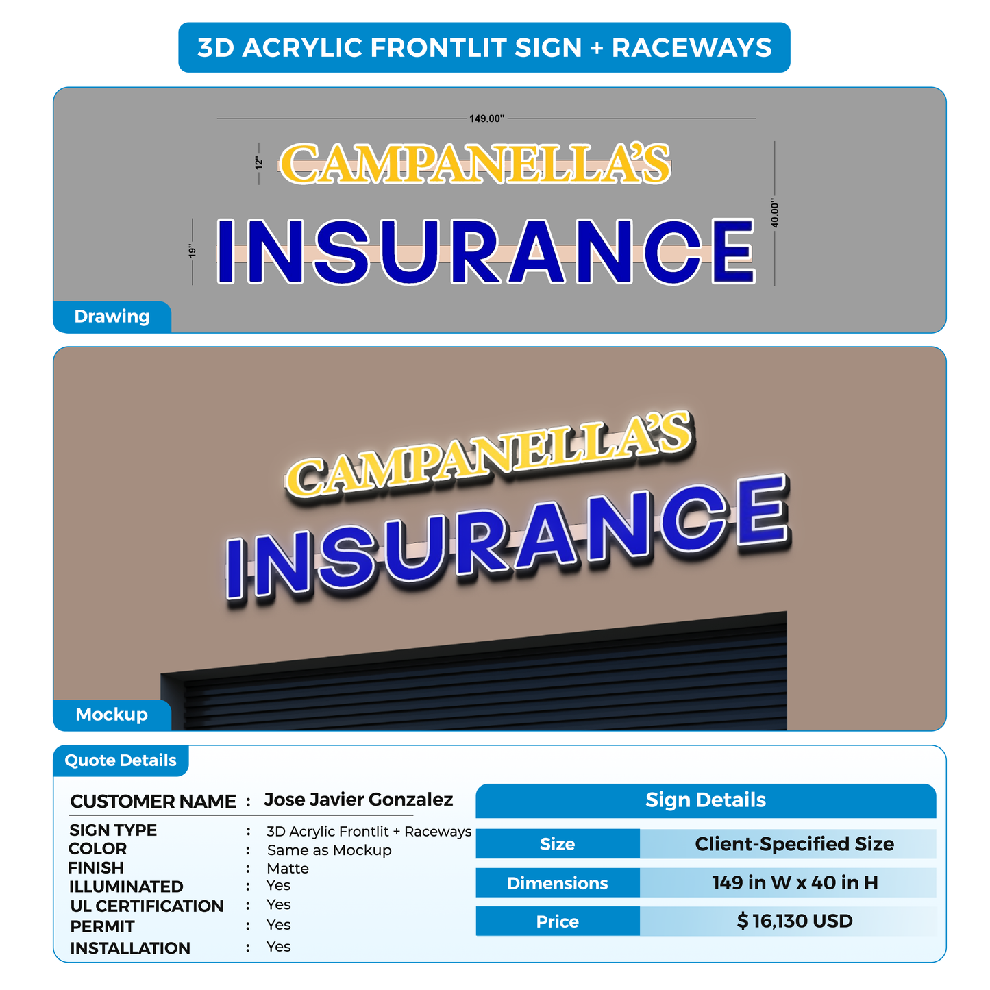 3D Acrylic Frontlit Sign with raceways for Jose Javier Gonzalez