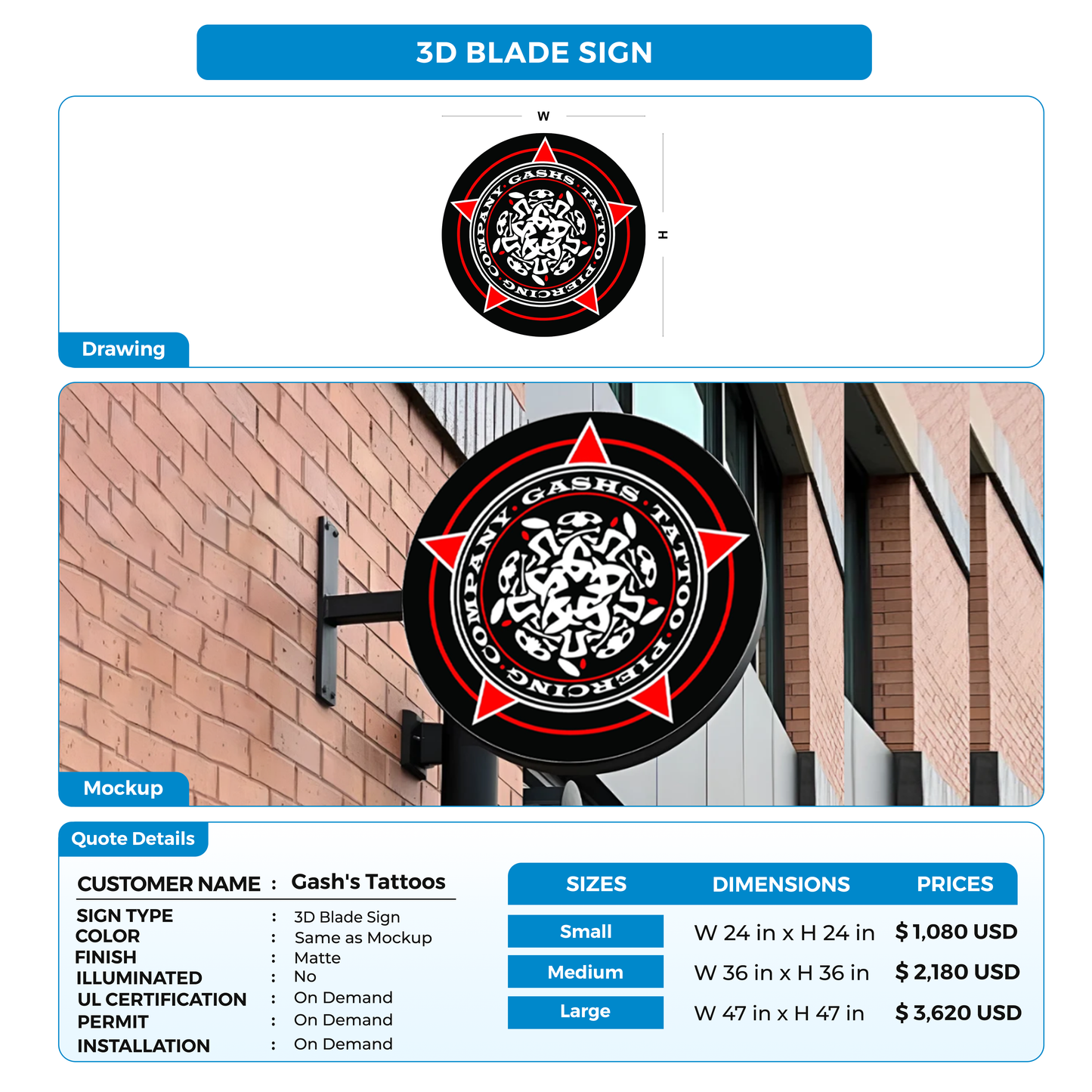 Business signage for Gash's Tattoos & Piercing