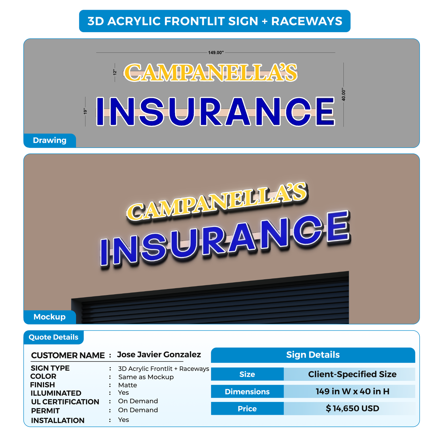 3D Acrylic Frontlit Sign with raceways for Jose Javier Gonzalez