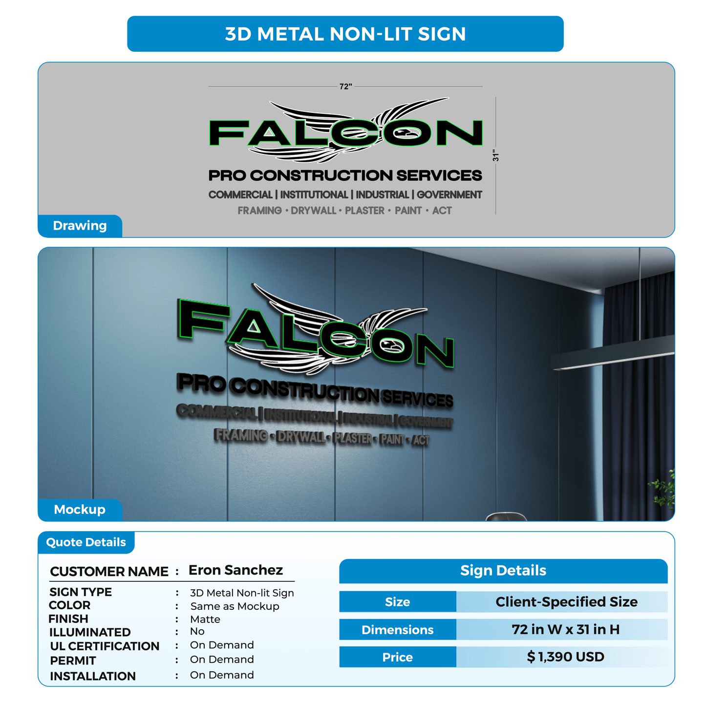 3D metal non-lit sign FOR Eron Sanchez