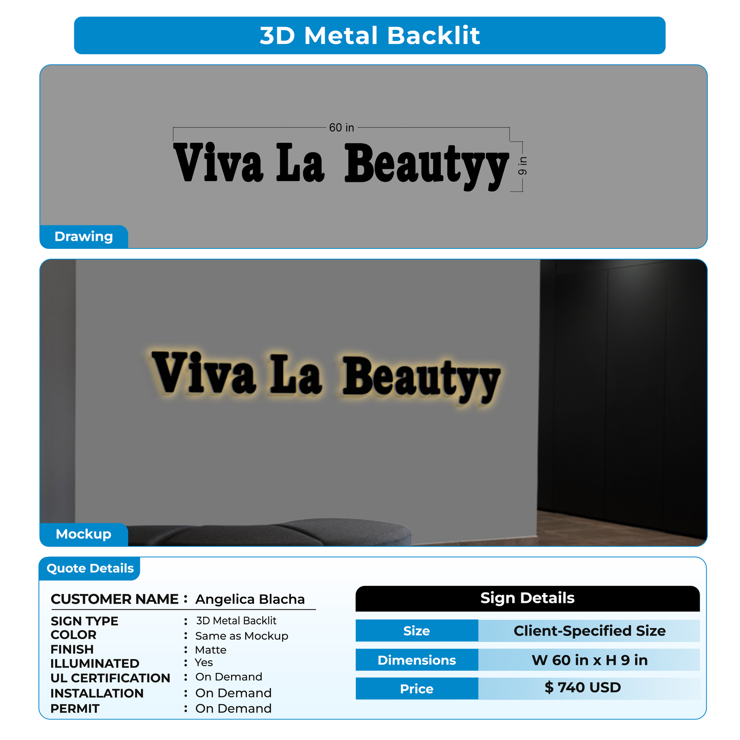 3D Metal Backlit Sign for Angelica Blacha
