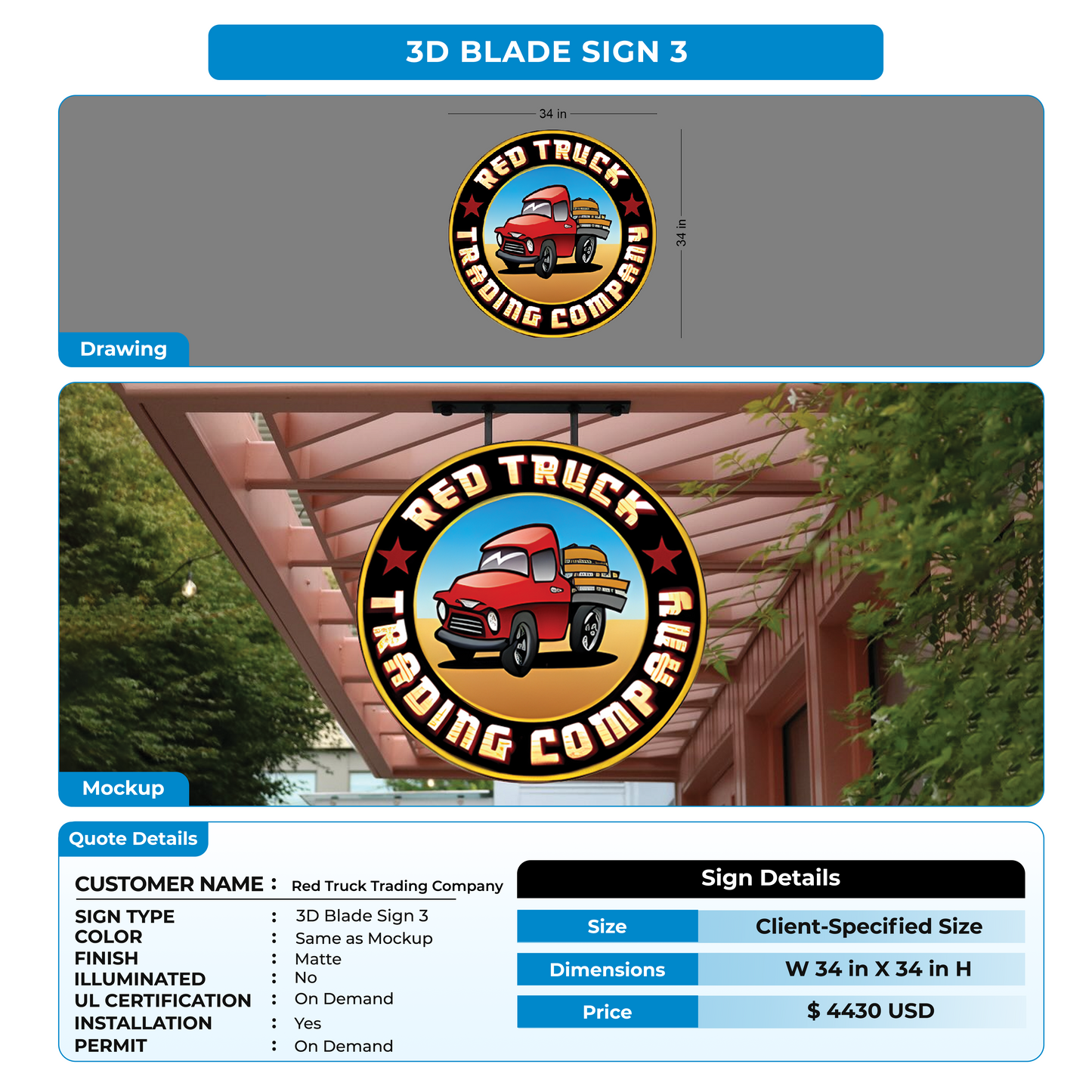 3D Blade Signs For Red Truck Trading Company