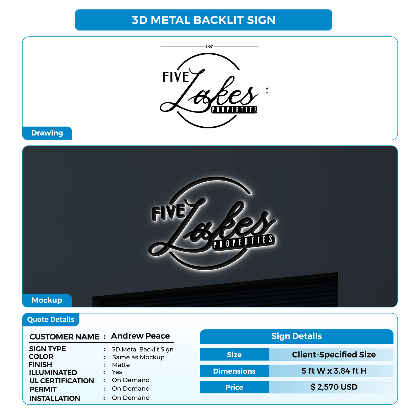 3D Metal Backlit Sign for Andrew Peace