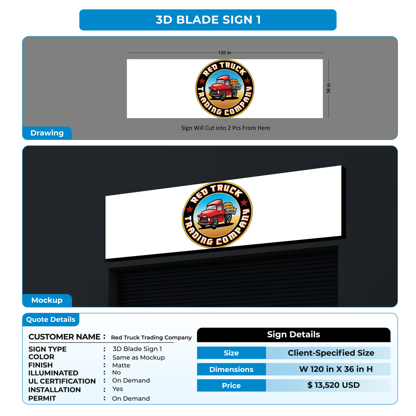 3D Blade Signs For Red Truck Trading Company