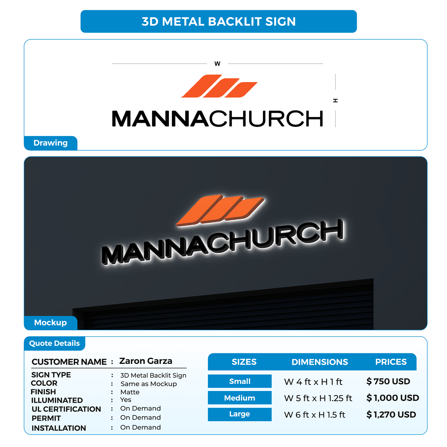 3D metal backlit sign for Zaron Garza