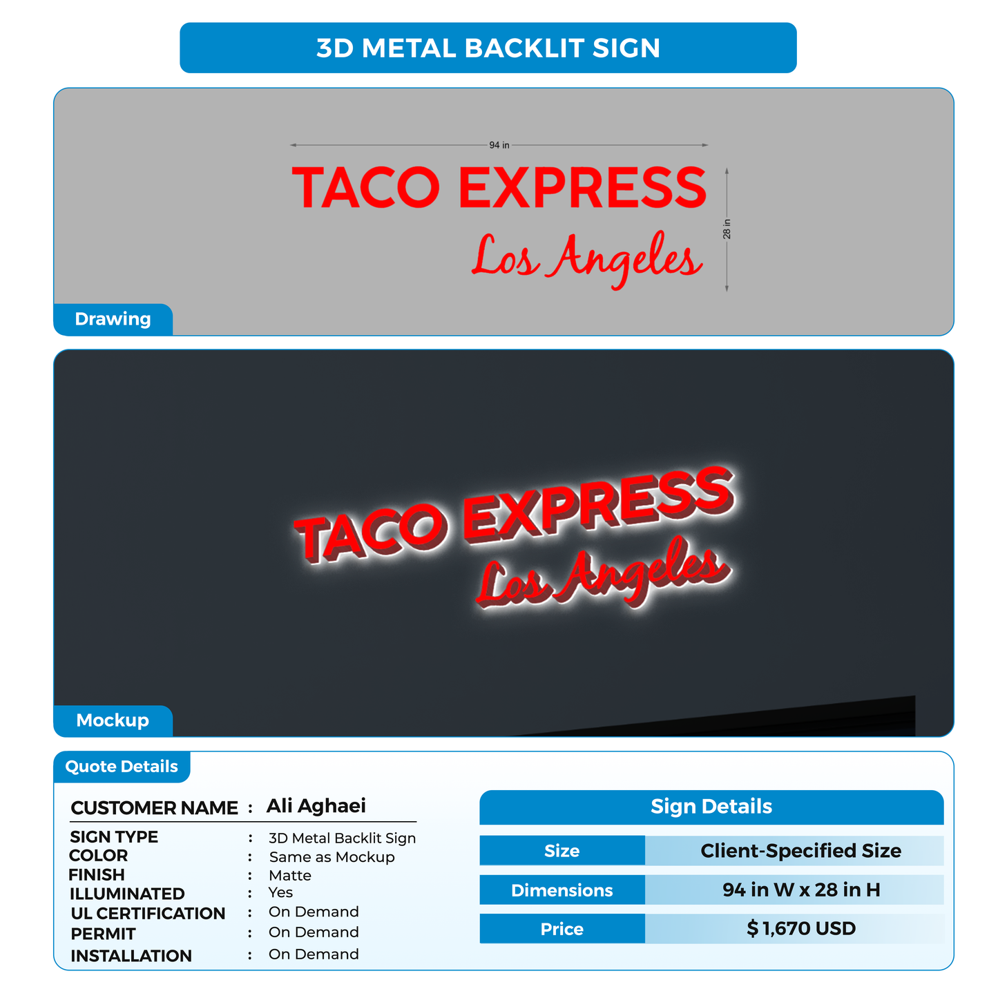 3D Metal Back-lit Sign For Ali Aghaei