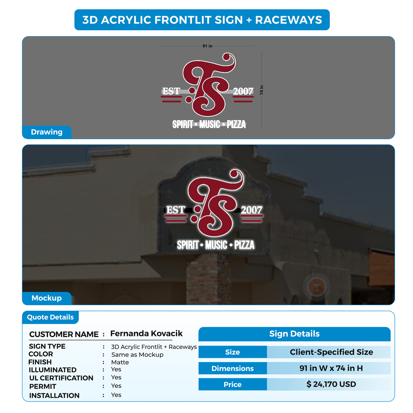 3D Acrylic Frontlit Sign + Raceways FOR Fernanda Kovacik