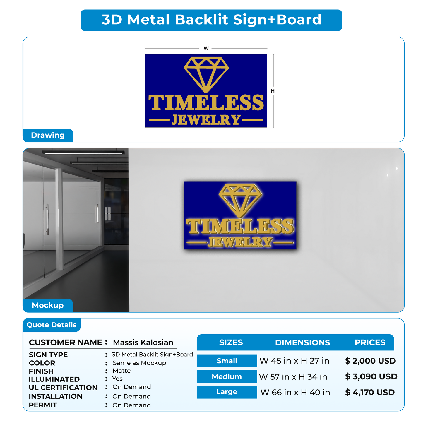 3D Metal Backlit with Board Sign for Massis Kalosian