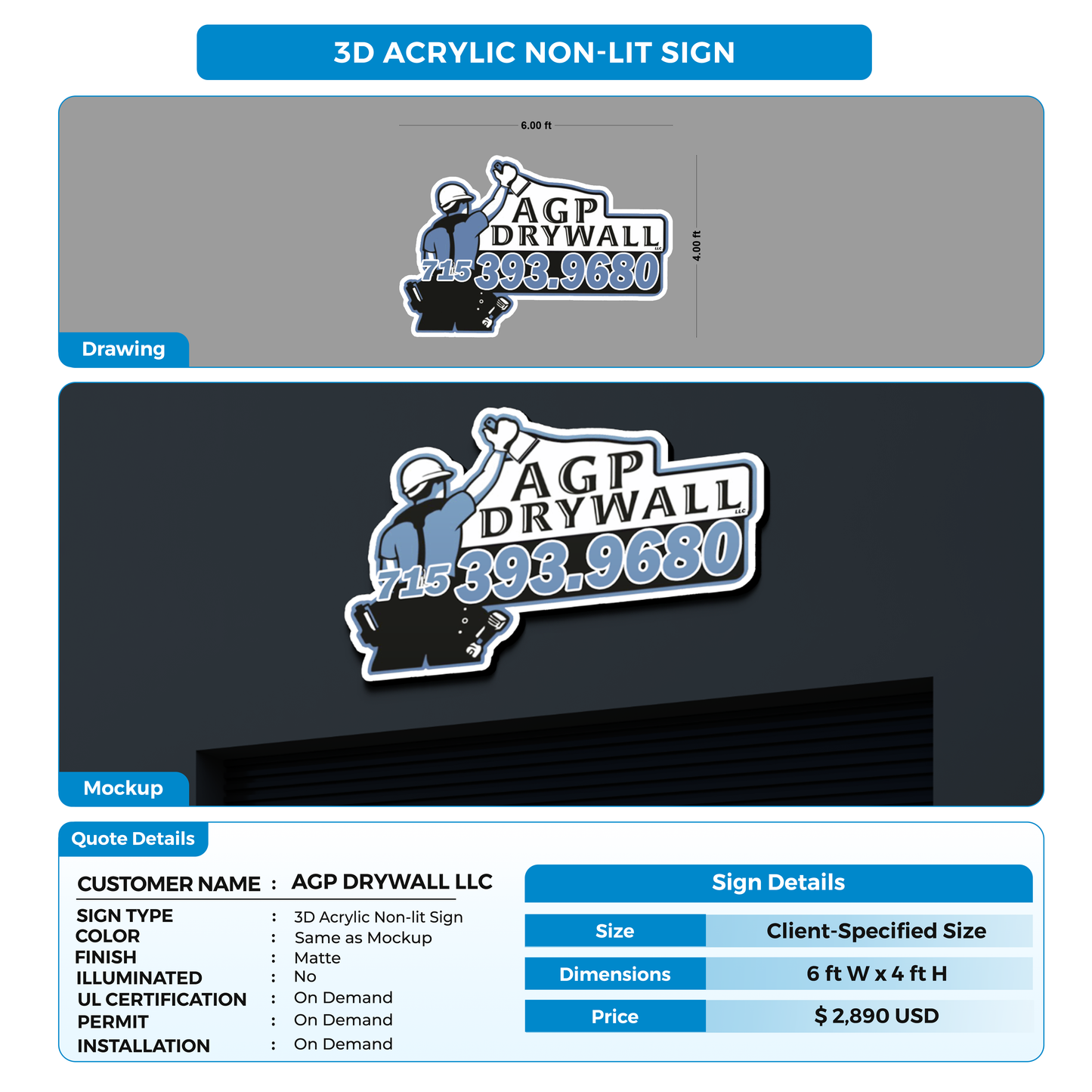 Business signage for AGP DRYWALL LLC