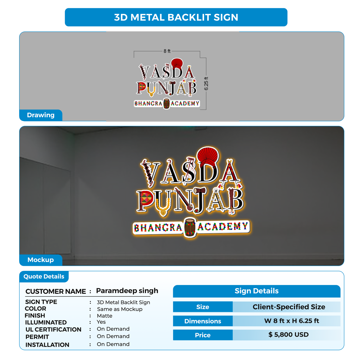 3D metal backlit sign for Paramdeep singh