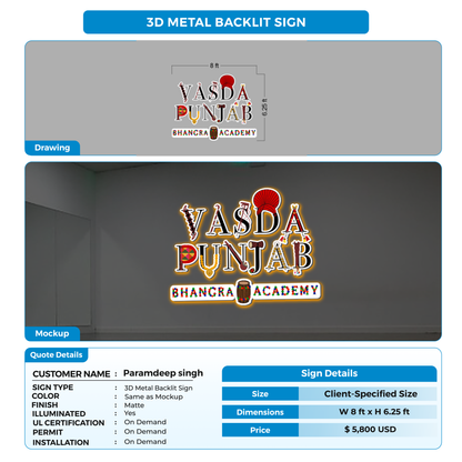 3D metal backlit sign for Paramdeep singh