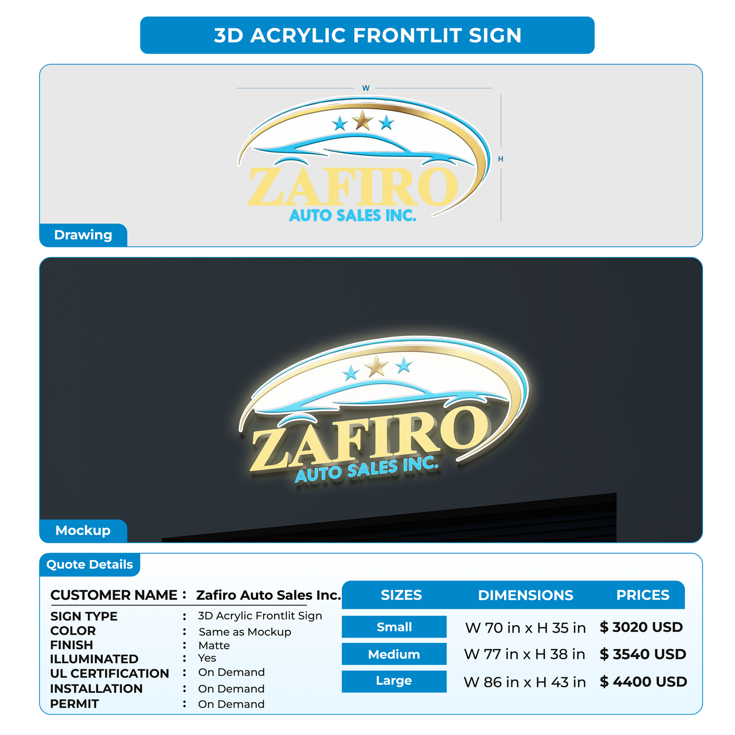 custom signs for Zafiro Auto Sales Inc.