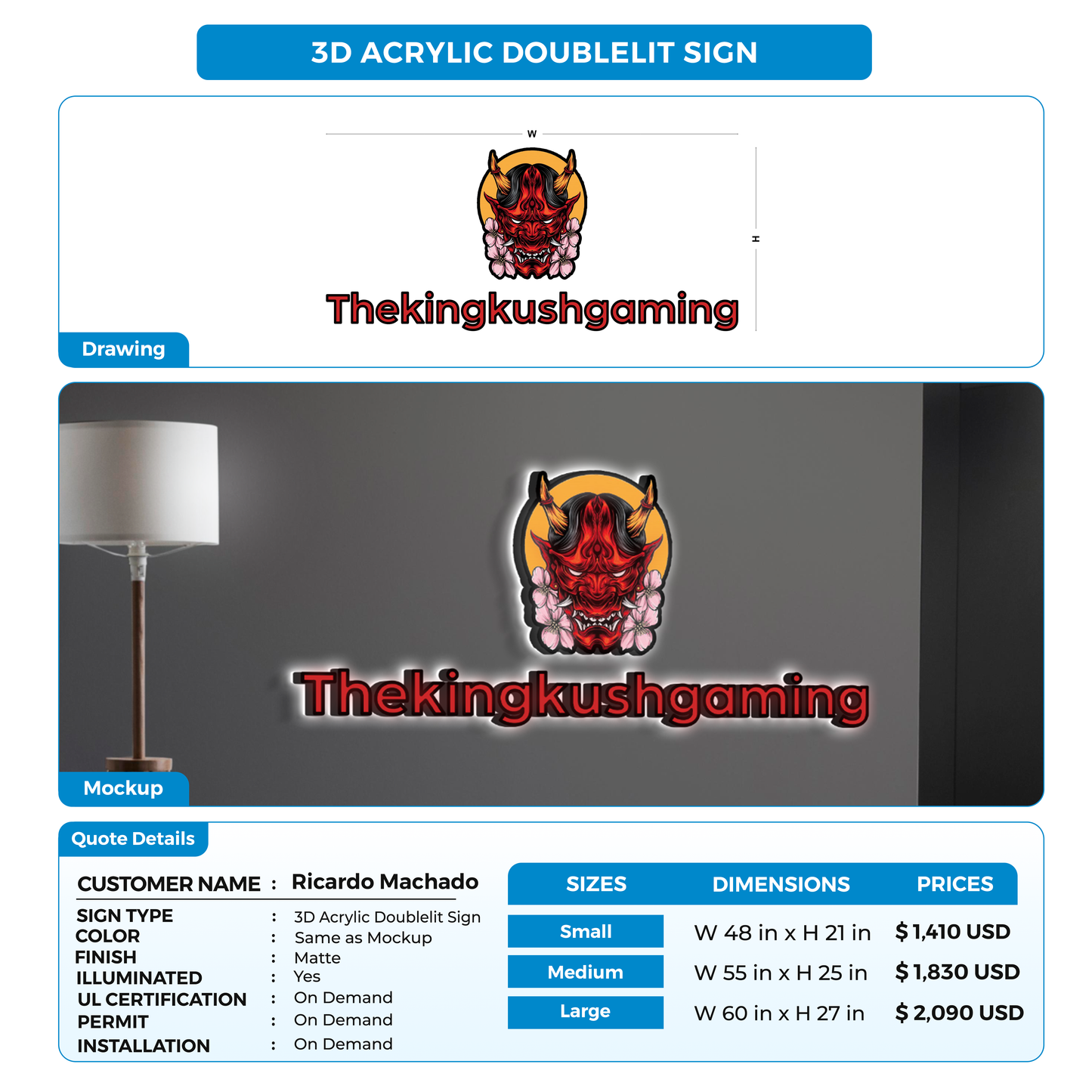 3D Acrylic Doublelit Sign for Ricardo Machado
