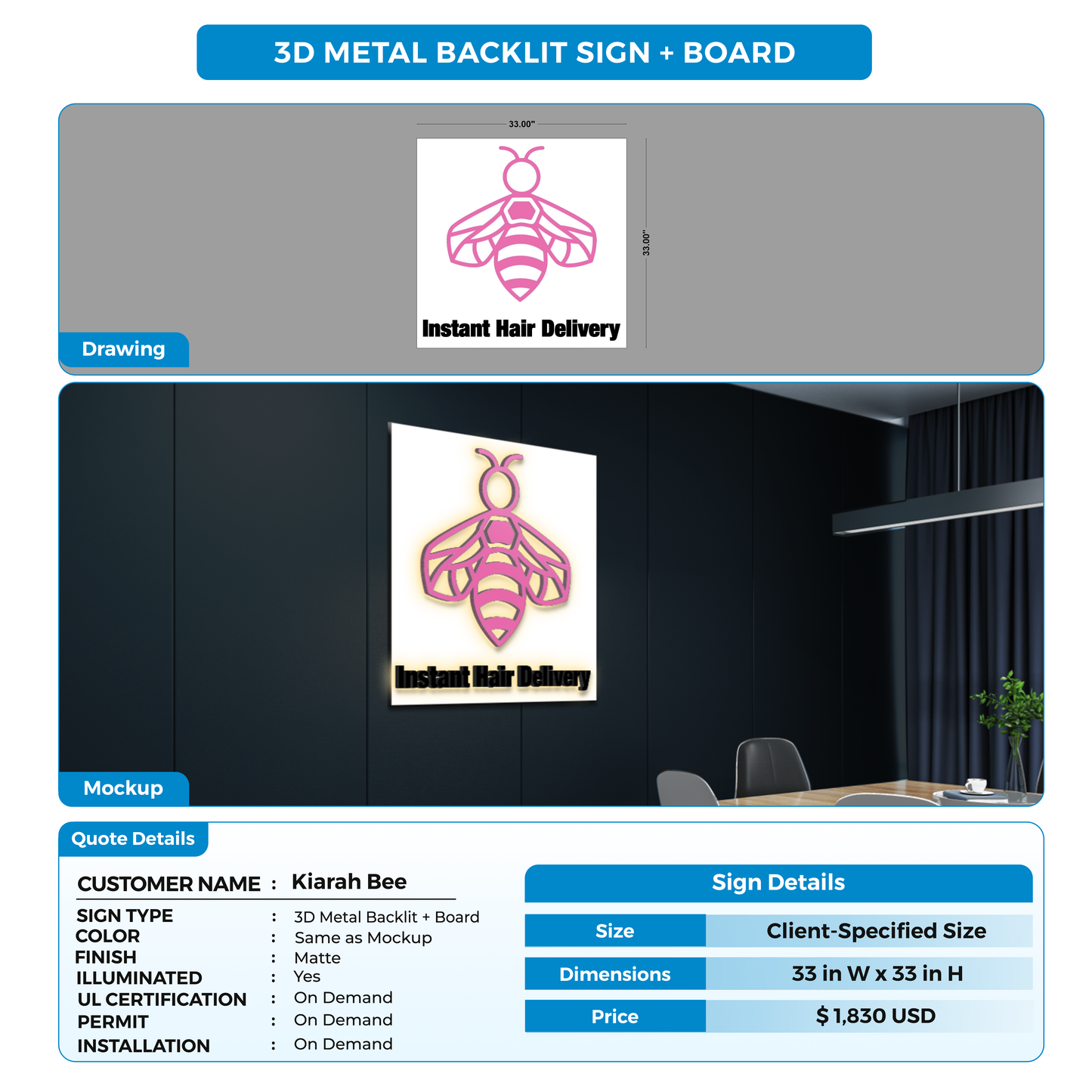 3D Metal Backlit + Board for Kiarah Bee