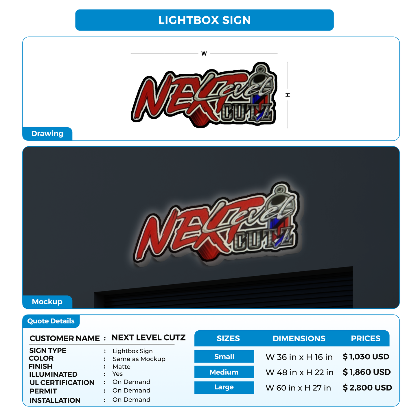 Business signage for NEXT LEVEL CUTZ