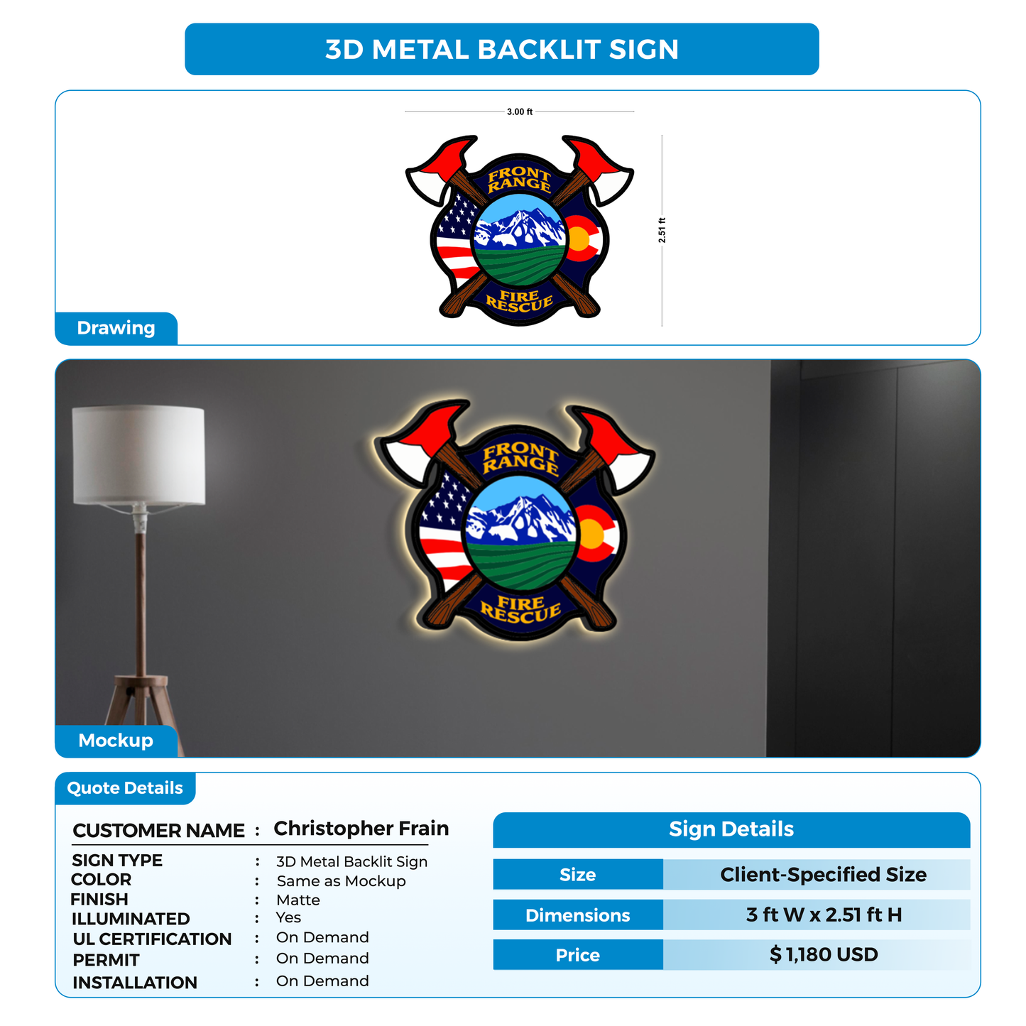 3D metal backlit sign for Christopher Frain