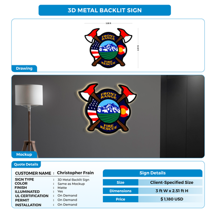 3D metal backlit sign for Christopher Frain
