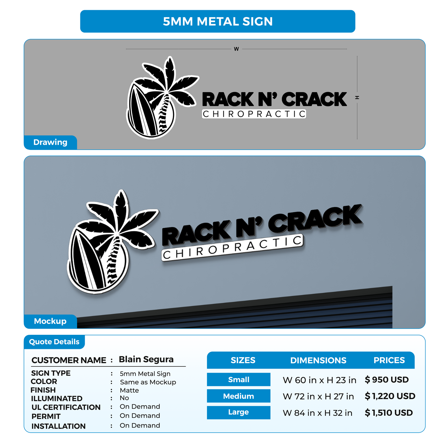 Business signage for Blain Segura
