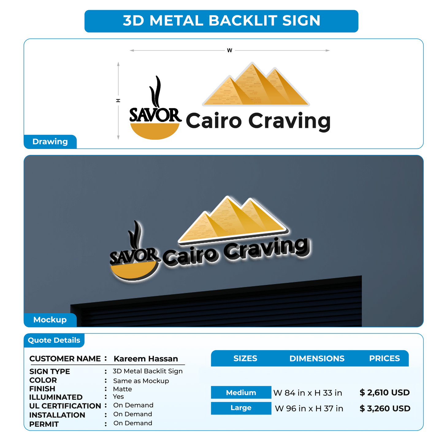 3D Metal Backlit Signs for Kareem  Hassan