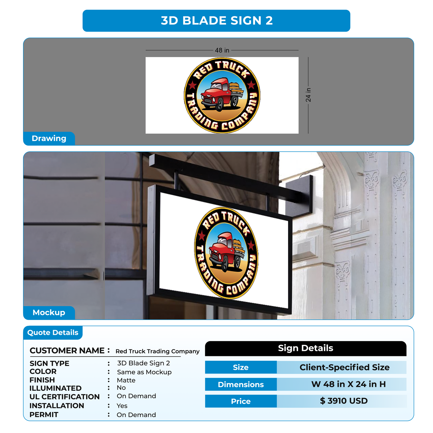 3D Blade Signs For Red Truck Trading Company